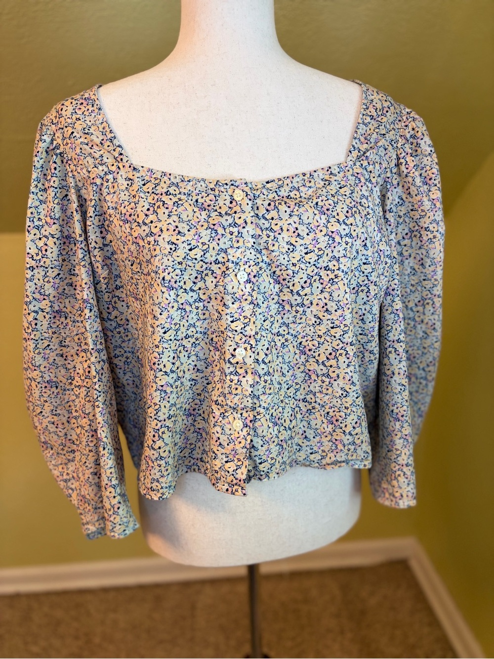 Levi's Floral Puff Sleeve Square Neck Crop Top Blouse XL